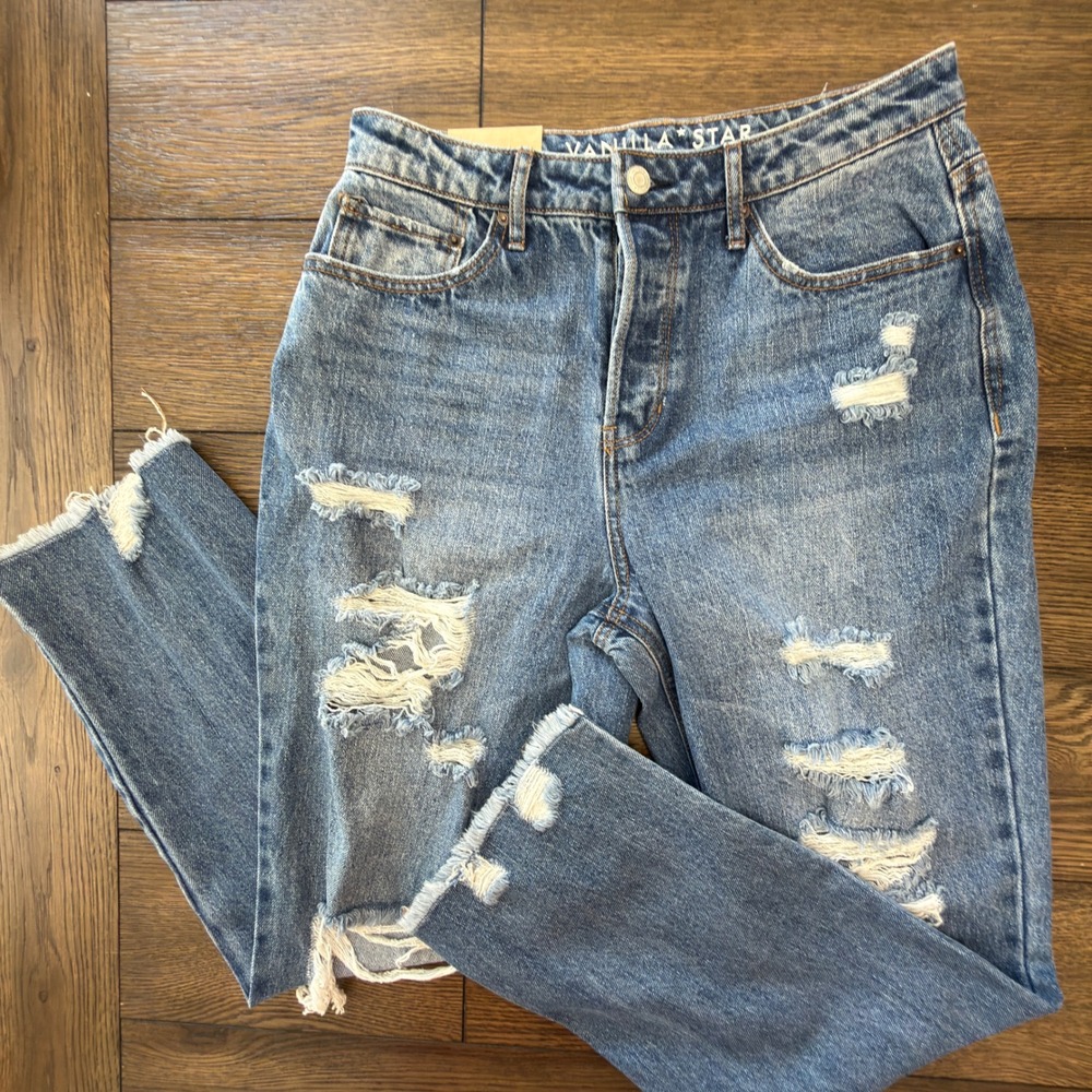 Vanilla Star 90s Boyfriend Jeans Blue Distressed High Rise Straight Leg‎ Size 9